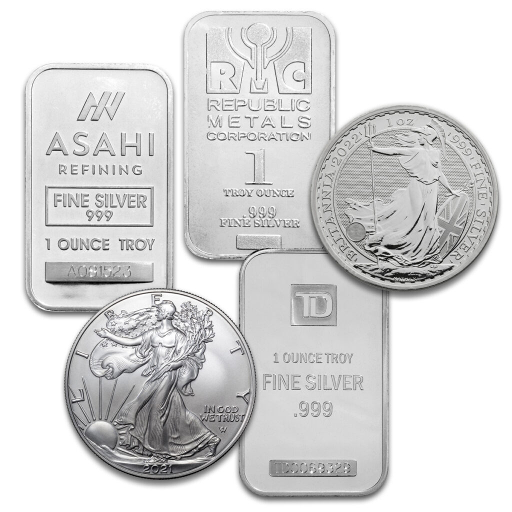 Variété de barres et pièces d’argent de 1 oz